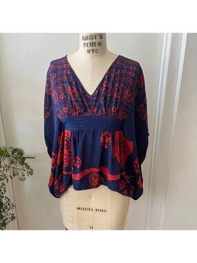 LOVE BINETTI Silk Blue and Red Boho Owl Print Top  One Size